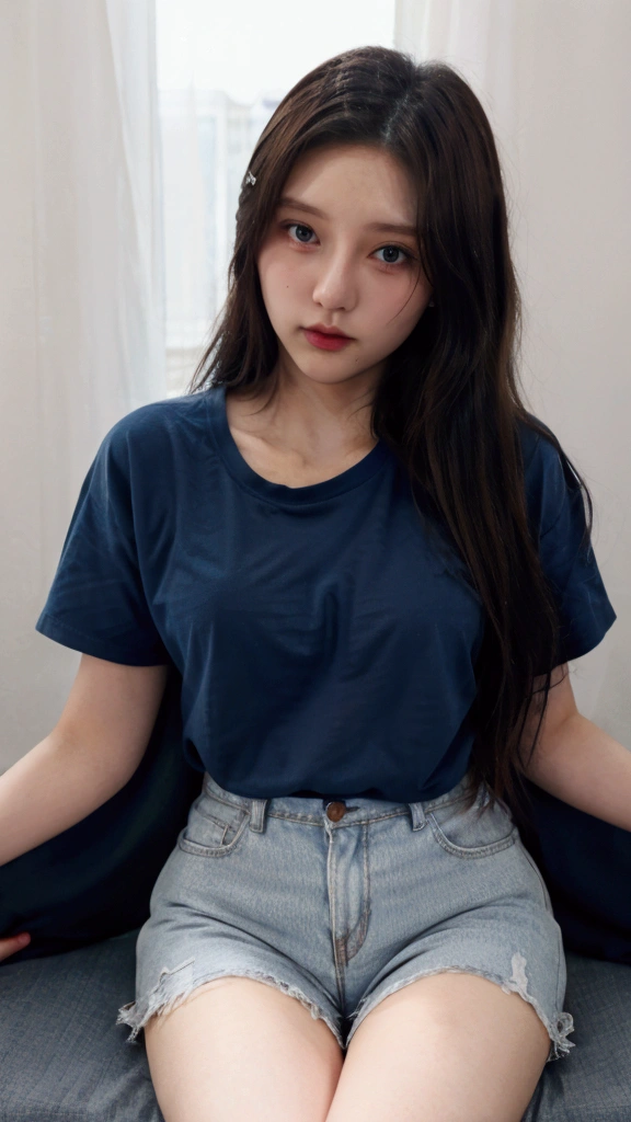 muste piece, best quality, illustration, Super detailed, fine details, High resolution, 8K,wall paper, perfect dynamic composition,(Details High quality, realistic depiction of eyes:1.3), (Fashionable, Baseball Jacket, Oversized T-shirt, a denim miniskirt), long straight hair, black hair color, Big Natural Color Lip, crying a little、cold gaze, Harajuku style、20 year old girl、cute type、lolita、beautiful legs, hotel room, Gravure Idol, Voluptuous thighs