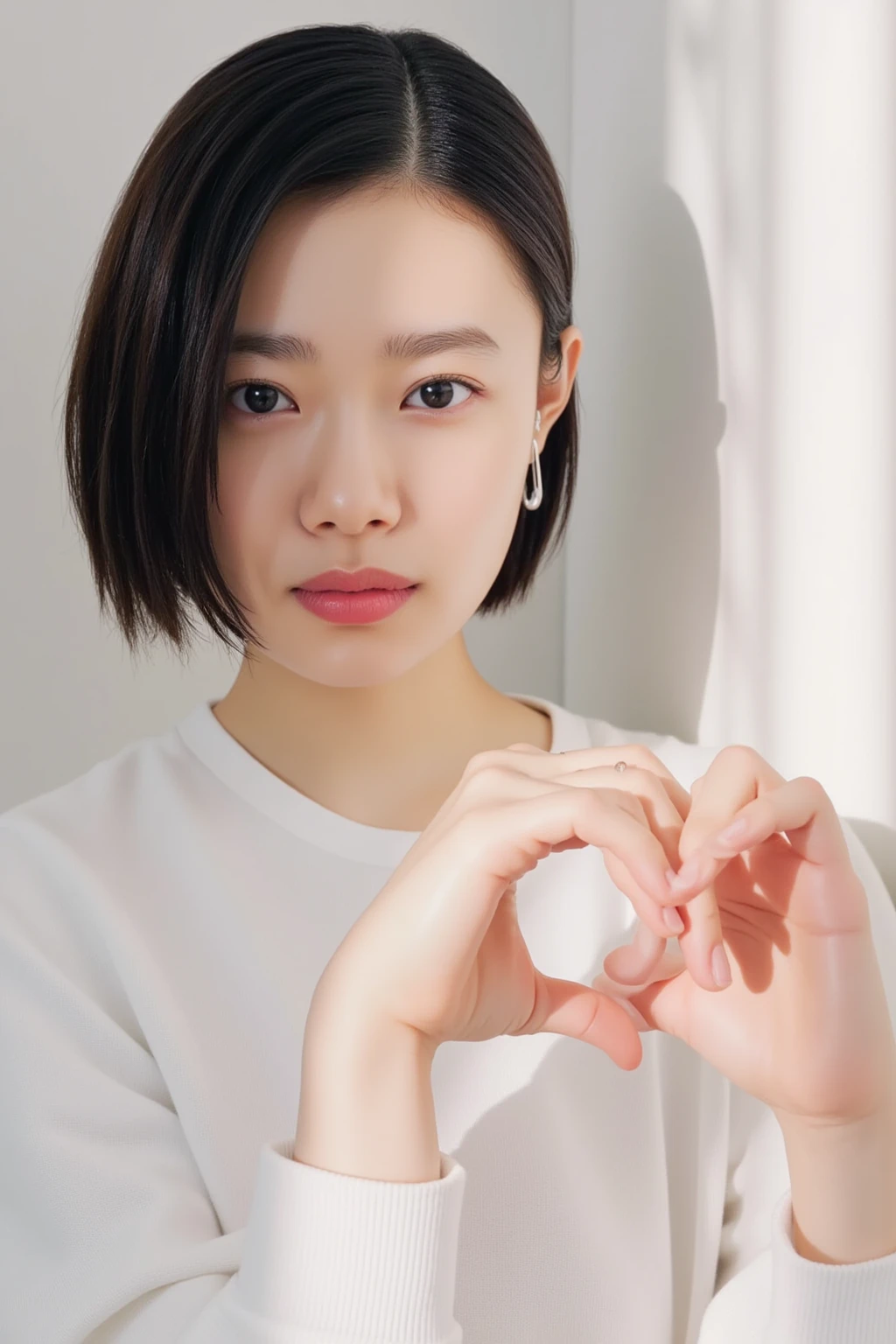 (((Make a heart shape with your hands:1.3))), smile:2.0、 (RAW Photos、8k、32K、masterpiece、Realistic、  photoreal:1.37)、Cute Japanese women images、Tank tops、Photographed in natural light、  upper body、1 girl、Photo Mapping、 Physically Based Rendering、Excellent image quality、  High Resolution  、1080P、(Beautiful Face)、(Detailed description of the face)、( Detailed description of the hand setter&#39;Muscle area)、(Detailed CG)、Rich details、( great features :1.35)、(Detailed eyes)、 I'm looking forward to your eyes、Delicate clavicle、Various poses、非常にリアルで詳細な若い女性の  upper bodyポートレート。The skin is beautiful、Soft light is reflected in the high part of the cheek.、 Tiny pores and hair follicles、 Even the tiniest blood vessels are visible。The skin is smooth、Natural flushing of the cheeks、Gives a healthy glow。 The eyes are large and clear blue、 The iris has fine patterning、 Light is reflecting and shining in the eye。 There is a slight shadow under the eye、 Her eyelashes are long and naturally curled。 Her lips are a soft pink color、 Smooth texture and natural glow、 Slightly reflects light。 The woman is wearing a simple white top.、 The background is a pale monochrome gradient.、焦点は完全に顔と  upper bodyに当たっている。Realistic shadows and textures、Photographic depiction.。