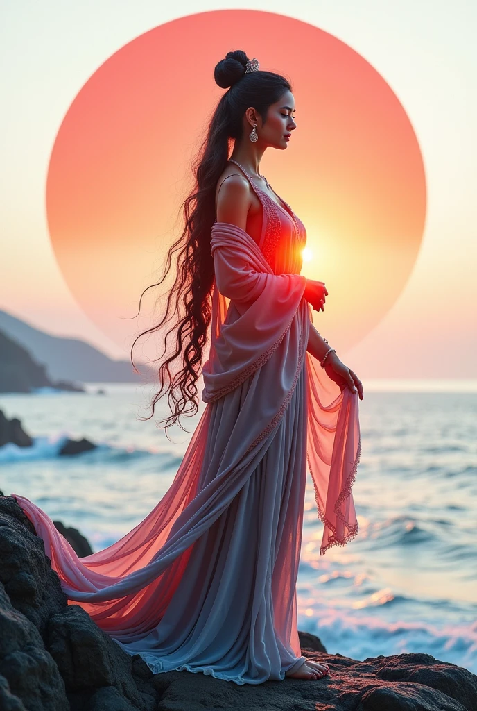 high quality, 8K Ultra HD, A beautiful double exposure that combines an goddess silhouette with sunset coast, sunset coast should serve as the underlying backdrop, with its details incorporated into the goddess , crisp lines, The background is monochrome, sharp focus, double exposure, by yukisakura, awesome full color,