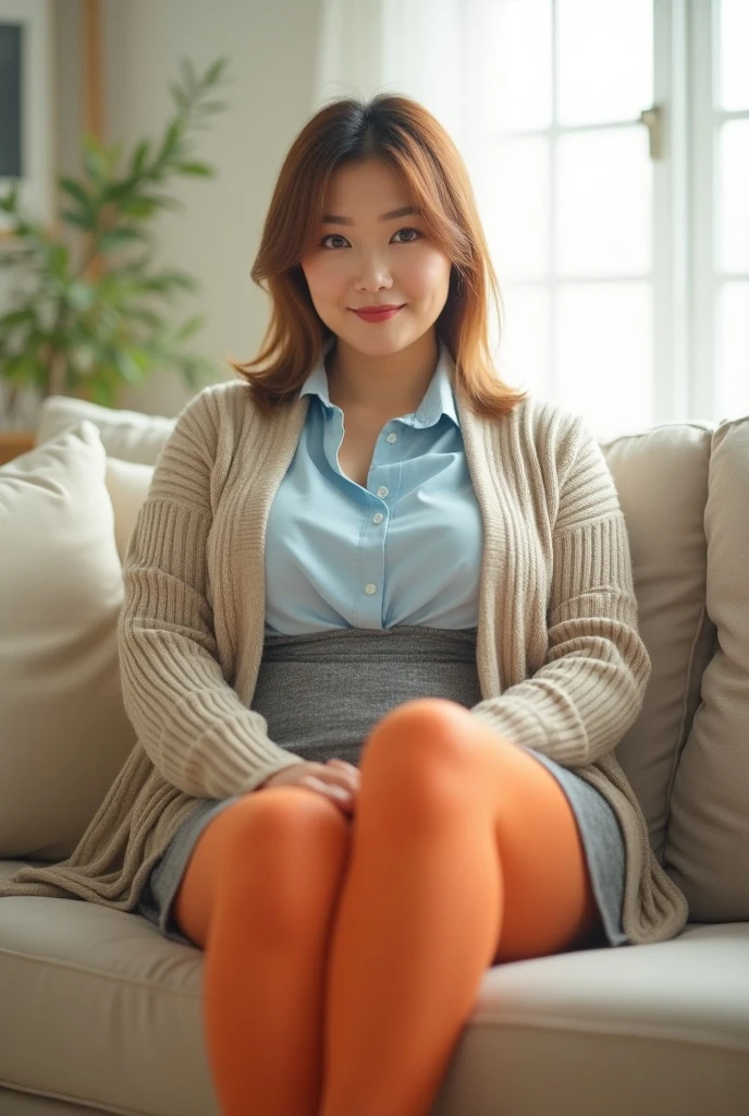 Very cute Japanese office lady、Denim mini skirt、dress shirt、Pink Panties、smile、Please put your feet up、short hair、Gray background、Sit on a chair、Flash photography