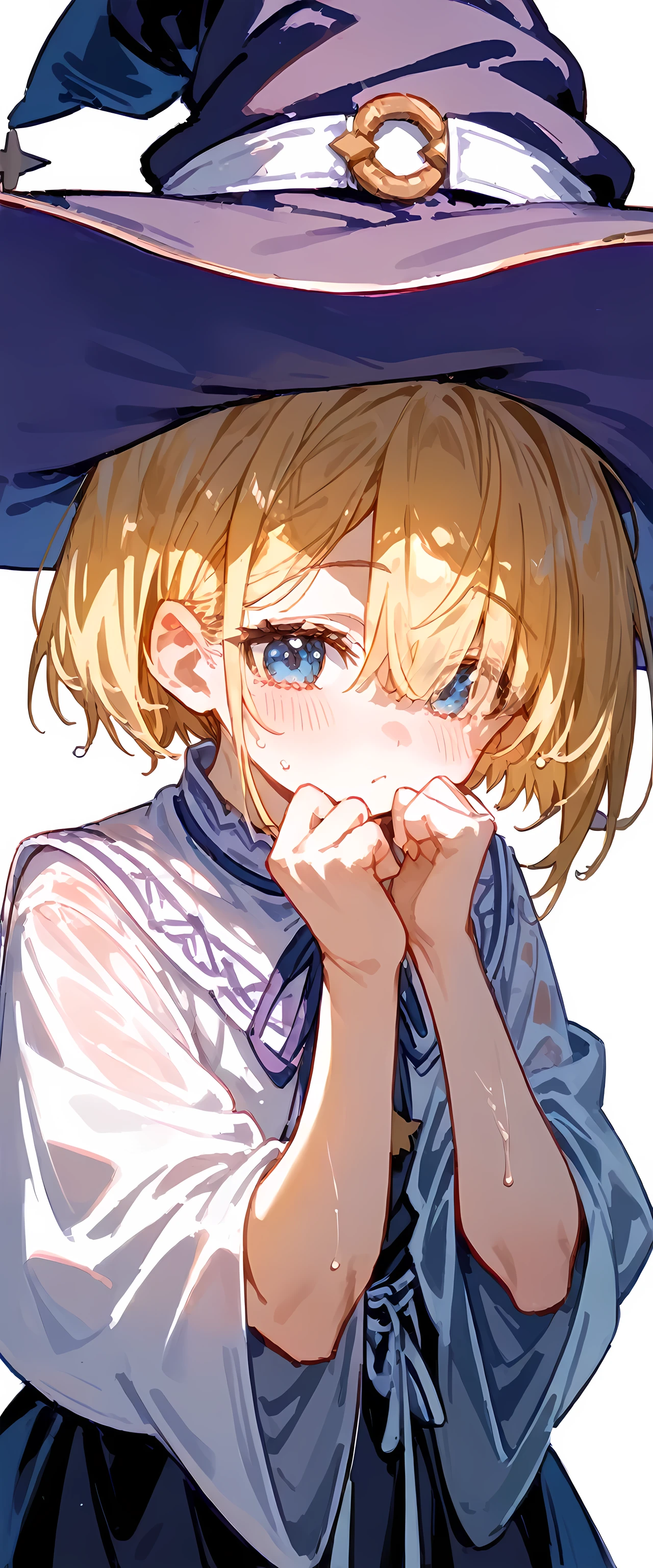 (((White background)))( High Resolution Masterpiece , 超 High Resolution , high detailed, High Resolution Model, best quality:1.2)((Female witch )) white skin,Oily, Sweaty skin, Blonde bangs, highlight color hairstyle,Inner Color, pixie cut, Super detaileded, High Resolution , 8k, beautiful blue eyes、detailed, 1 cute girl, Hair covering the eyes( Dictionary 1, ,Witch Hat,