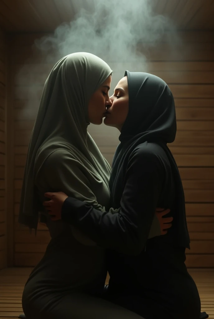 Anushka Shetty, catholic nun, her friend Emma Watson in hijab, curvy, British, 20s, smile, dark night, cleavage and navel, dressed in transparent cotton, hugging and grabbing breasts , pressing , side view, pubic hair, college
