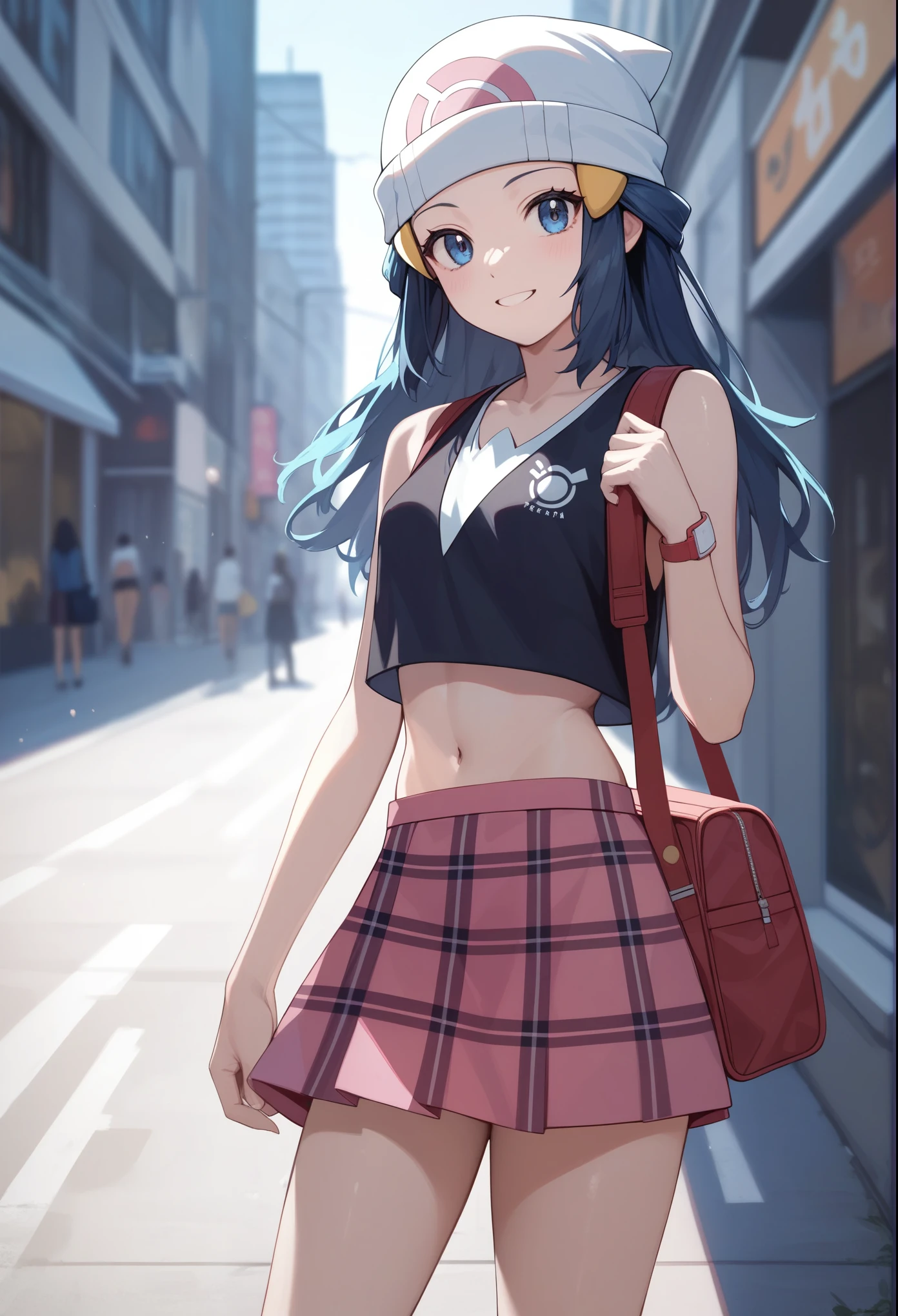 masterpiece, Best Quality, 1 girl, dawn \(Pokémon\), without hat, wide, If it's blue, blue eyes,  Plaid Skirt, crop top, topcelest if blue, smile,  is staring at viewers, City Background,street,sexy,school bag