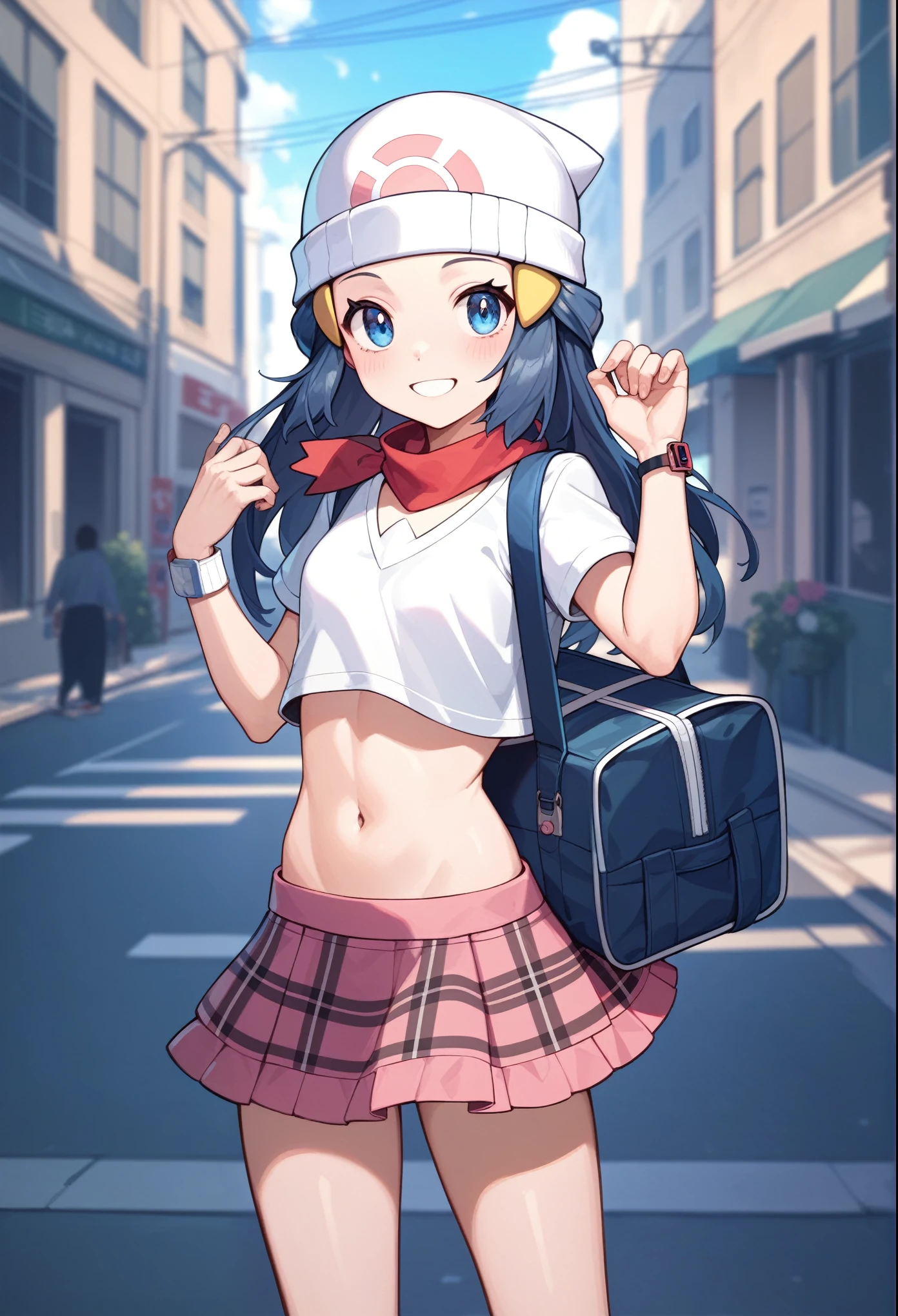 masterpiece, Best Quality, 1 girl, dawn \(Pokémon\), without hat, wide, If it's blue, blue eyes,  Plaid Skirt, crop top, topcelest if blue, smile,  is staring at viewers, City Background,street,sexy,school bag