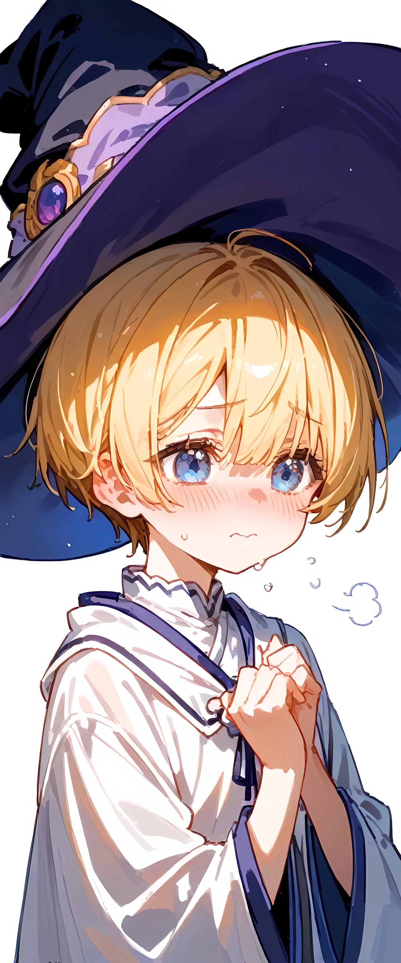(((White background)))( High Resolution Masterpiece , 超 High Resolution , high detailed, High Resolution Model, best quality:1.2)((Female witch )) white skin,Oily, Sweaty skin, Blonde bangs, highlight color hairstyle,Inner Color, pixie cut, Super detaileded, High Resolution , 8k, beautiful blue eyes、detailed, 1 cute girl, Hair covering the eyes( Dictionary 1, ,Witch Hat)Embarrassed to be seen