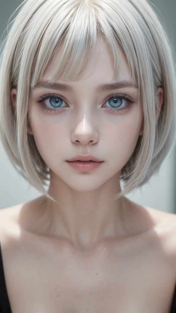 Masterpiece , (8k, RAW photo, photorealistic:1.25) ,( lipgloss, eyelashes, gloss-face, glossy skin, best quality, ultra highres, depth of field, chromatic aberration, caustics, Broad lighting, natural shading) looking at viewer with a serene and goddess-like happiness, baby face, sagging breasts, huge breasts, gigantic breasts, perfect , Nsfw, blonde hair, sexy, blonde hair, blue eyes, realistic,photorealistic, close-up, short hair, (gigantic bresats:1.2),(sweet smile),((closed mouth)), looking at viewer,standing, simply background , beautiful eyes, (12 years old, youngish :1.2)