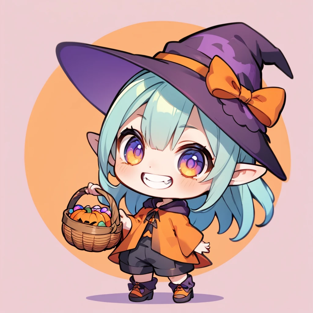 Avatar Style, ultra-small deformation, Chibi Cute, 1 feminine Elf, Feminine face, solo, full body, He is wearing a Halloween costume, shorts, Holding a candy basket, A Halloween witch hat, Jack-o'-Lantern hair accessory, grin, simple background