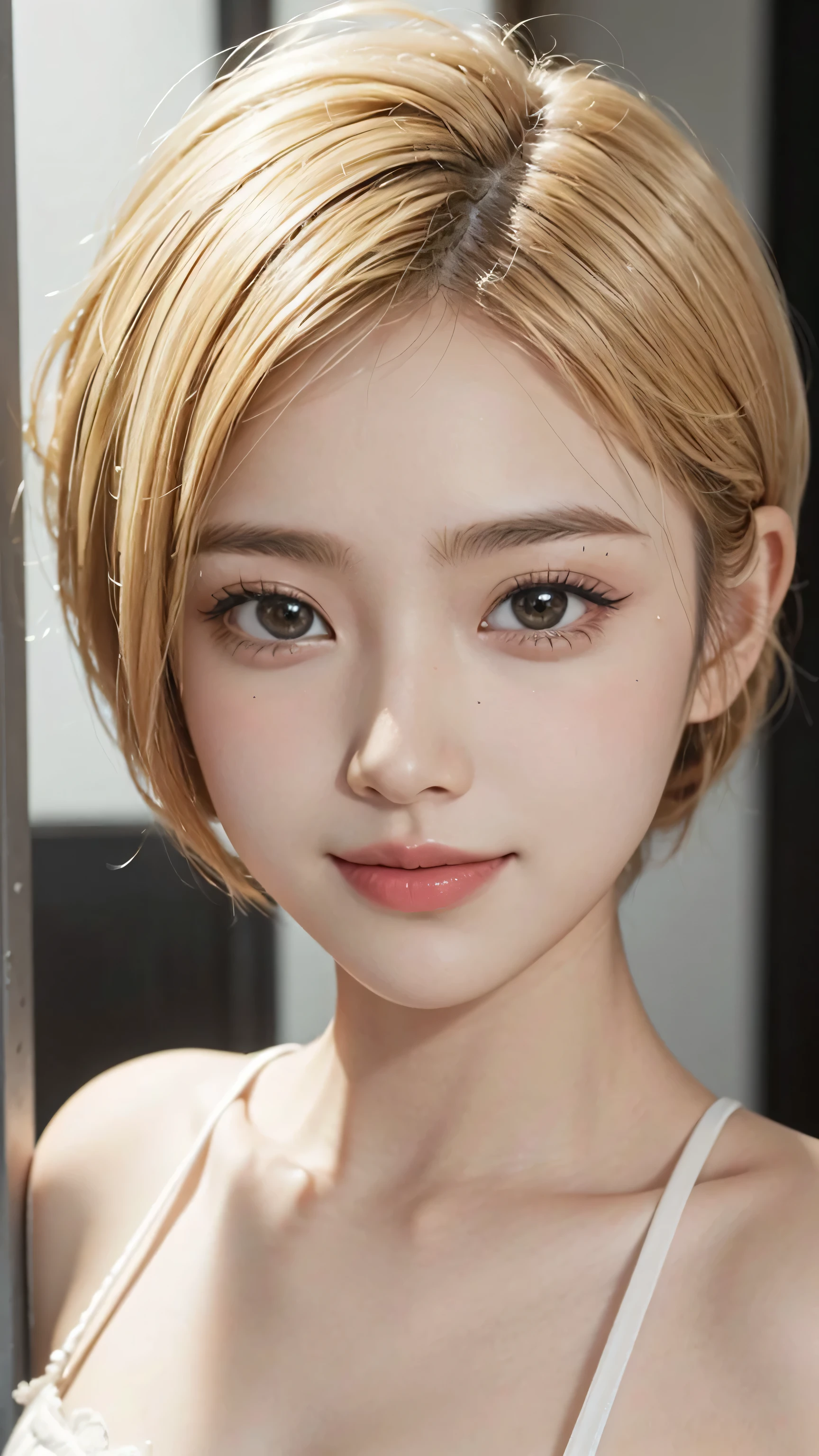 (8K, RAW Photos, of the highest quality, Masterpieces: 1.2), (Realistic, Photorealistic: 1.37), Highest Quality, Ultra High Resolution, light leaks, Dynamic lighting, Slim and smooth skin, (Full body:1.3), (Soft Saturation: 1.6), (Fair skin: 1.2), (Glossy skin: 1.1), Oiled skin, 22 years old, Night, shiny white blonde, Well-formed, Hair fluttering in the wind, up close shot, Physically Based Rendering, From multiple angles, A big smile,