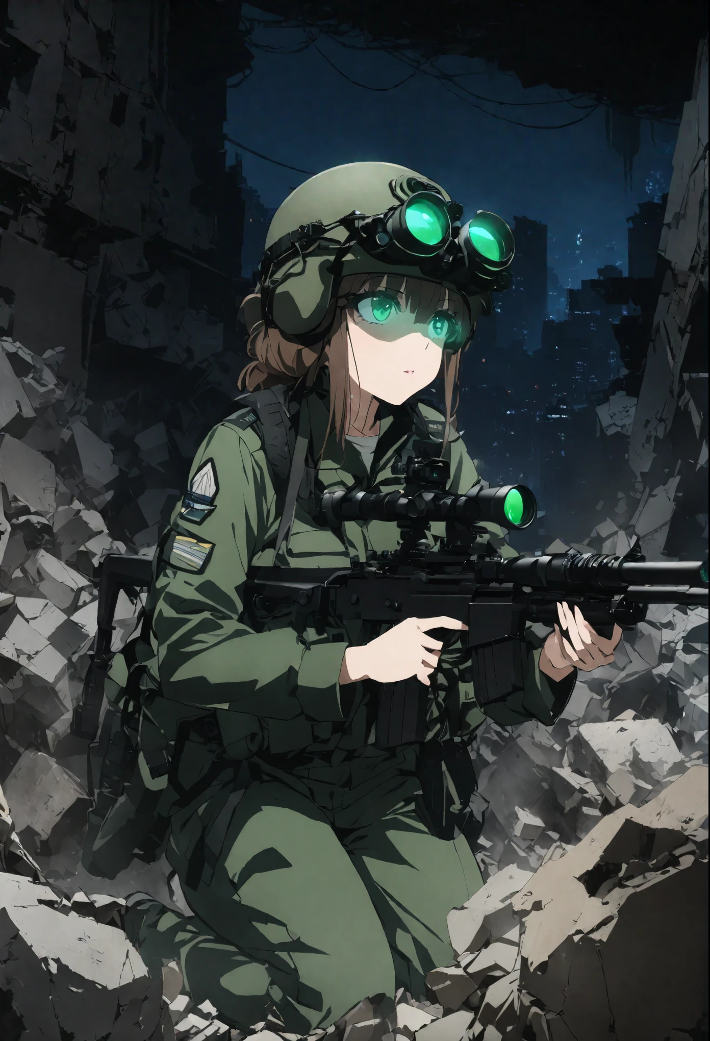 high quality, High-definition images, Full HD、8k. A girl with short chestnut hair wearing Ukrainian military combat uniform with a helmet pulled down low, Holding a rifle、Midnight in a city ,  Night scope attached , Binoculars with a night scope ,  Pitch black Night scope light is green ,,(Shooting a gun from the rubble),(( Night scope lowered to your eyes ,))