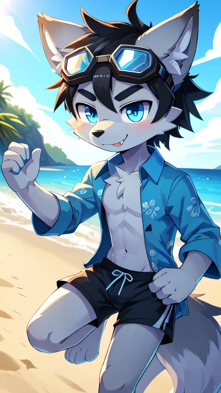 Furry shota, wolf, black hair, long spiky ponytail, blue eyes, detailed body fur, ((goggles, blue hawaiian shirt, open clothes, one shoulder off, black swim trunks)), looking at another, fangs, clear grey body fur, detailed face, big eyebrows, detailed eyes, detailed body, detailed body fur, detailed hands, glistering body, shiny body, skinny, uper body, injured, dirt on the body, damaged clothes, bruises, sassy face, 