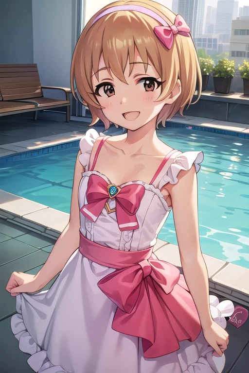 (masterpiece, best quality:1.2), illustration, (1girl, solo), big smile, indoor rooftop poolside, swimsuit, ((koga_koharu_theidolmastercinderellagirlsu149)),
short_hair, brown_eyes, bow, hairband, brown_hair, smile, pink_bow, bangs, blonde_hair, open_mouth, upper_body, hair_bow