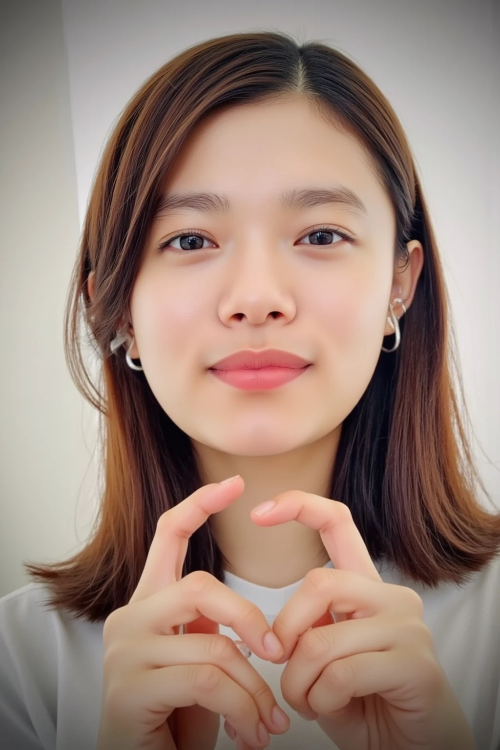 (((Make a heart shape with your hands:1.3))), smile:2.0、 (RAW Photos、8k、32K、masterpiece、Realistic、  photoreal:1.37)、Cute Japanese women images、Tank tops、Photographed in natural light、  upper body、1 girl、Photo Mapping、 Physically Based Rendering、Excellent image quality、  High Resolution  、1080P、(Beautiful Face)、(Detailed description of the face)、( Detailed description of the hand setter&#39;Muscle area)、(Detailed CG)、Rich details、( great features :1.35)、(Detailed eyes)、 I'm looking forward to your eyes、Delicate clavicle、Various poses、非常にリアルで詳細な若い女性の  upper bodyポートレート。The skin is beautiful、Soft light is reflected in the high part of the cheek.、 Tiny pores and hair follicles、 Even the tiniest blood vessels are visible。The skin is smooth、Natural flushing of the cheeks、Gives a healthy glow。 The eyes are large and clear blue、 The iris has fine patterning、 Light is reflecting and shining in the eye。 There is a slight shadow under the eye、 Her eyelashes are long and naturally curled。 Her lips are a soft pink color、 Smooth texture and natural glow、 Slightly reflects light。 The woman is wearing a simple white top.、 The background is a pale monochrome gradient.、焦点は完全に顔と  upper bodyに当たっている。Realistic shadows and textures、Photographic depiction.。