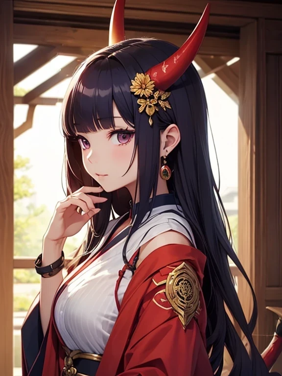 Seven Rhaeyar (Deylta), Ancient Star goddess, Perfect female anatomy (Royal, Adult Female, 166cm in height, pale skin, slim, slender, 34D breast size, She has long Black Hair, Her eyes are gray, a set of black colored horns on her head), Neutral facial expression, Elegant black uniform dress, female choker accessory, dragon motifs, silver and rope accessories, Simple Black Background, receiving light from the front, Ethereal glow, Blue rose petals surrounding her, Japanese inspired