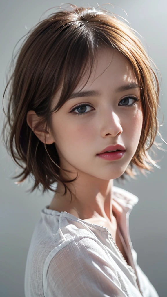 short cut, hanging eyes, brown hair, baby face, light pink lips, small nose,