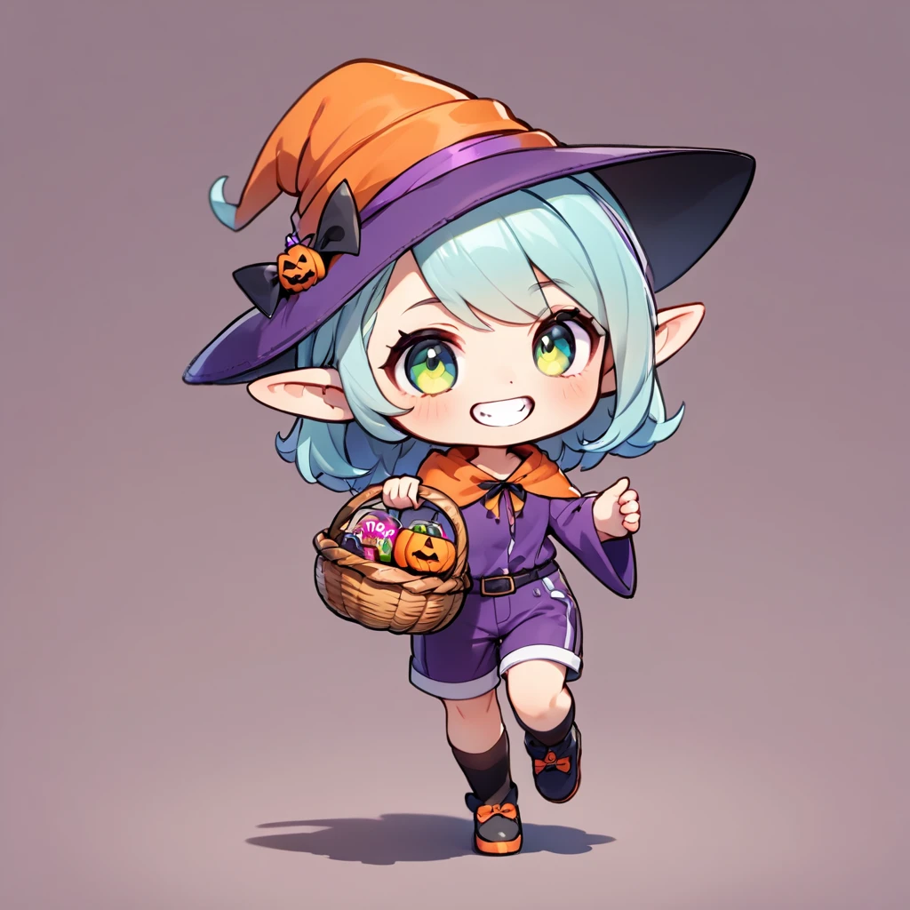 Avatar Style, ultra-small deformation, Chibi Cute, 1 feminine Elf, Feminine face, solo, full body, a Halloween costume, shorts, Holding a candy basket and walking, A Halloween witch hat, Halloween hair accessory, grin, simple background