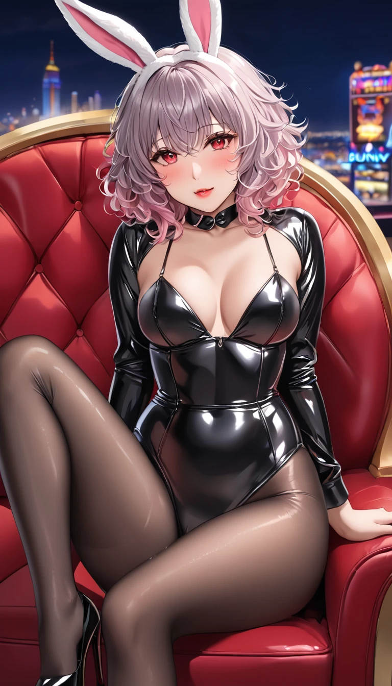 (((Neferpitou))), short hair, (red eyes:1.3), animal ears, hair between eyes, tail, gray hair, Cat ear, （cat tail）, cat girl, curly hair, (highest quality, 8K, 32K, masterpiece, UHD:1.2)、((wet clothes))、see-through、orgasm、((embarrassed face))、((blush))、(((metallic bunny suit)))、(latex bunny suit)、(from above)、(black tights)、(high heels)、long nipples、perspired、skindantation、((breast squeeze))、(BAR、casino、bar lounge,night club,Luxury Lounge)、alcohol,(sweat)、perspired,glossy lip gloss,pink lip,(large tights),(sitting chair),(flat chest)