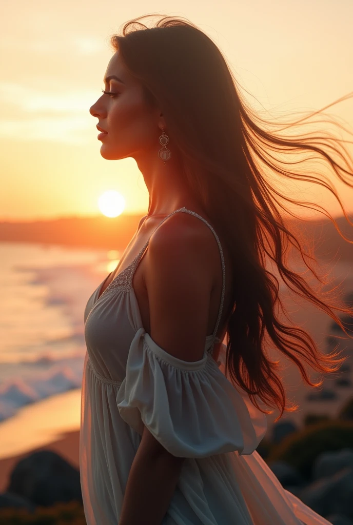 high quality, 8K Ultra HD, A beautiful double exposure that combines an full body goddess silhouette(stunning beauty flowing long hair) with sunset coast, sunset coast should serve as the underlying backdrop, with its details incorporated into the goddess , crisp lines, The background is monochrome, sharp focus, double exposure, awesome full color,