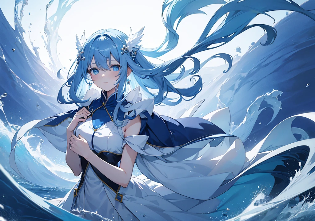 ((best quality)), ((masterpiece)), (detailed), 1 girl, ocean blue hair, white magic robe , big , standing