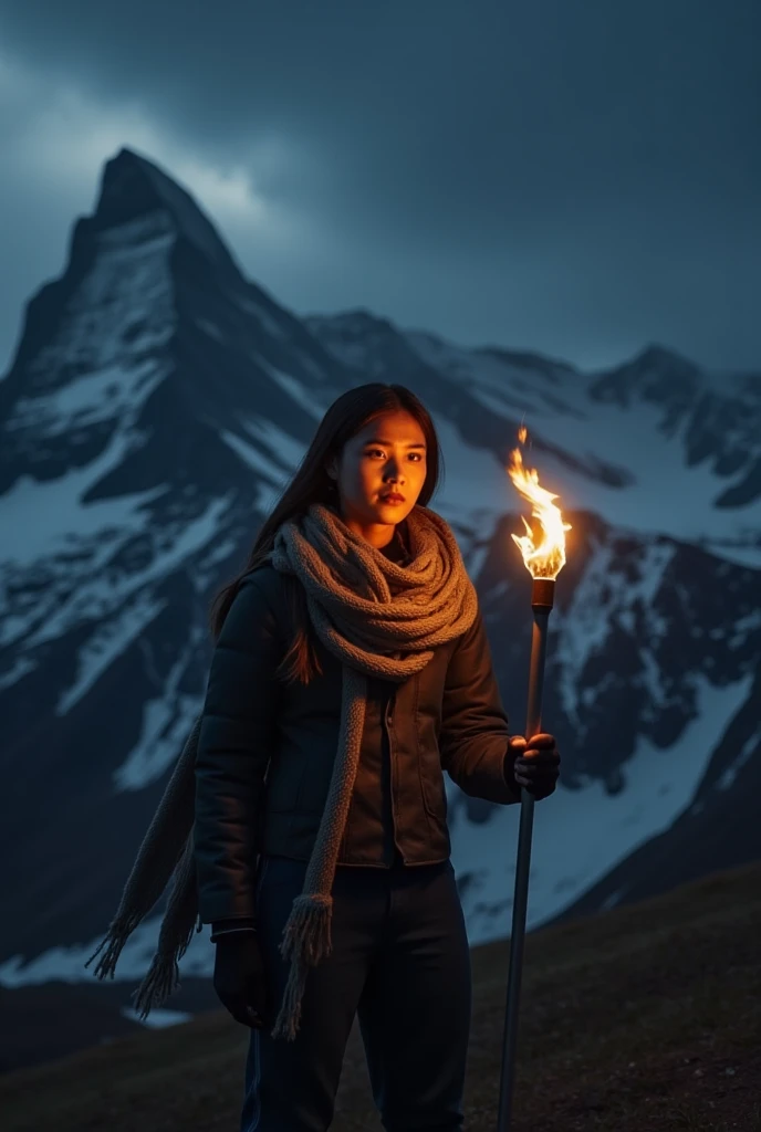  a young man with long hair wearing a scarf，Holding a torch，The fire shone on his face 。 Behind the man was a hundred thousand mountains 。The sky is dark