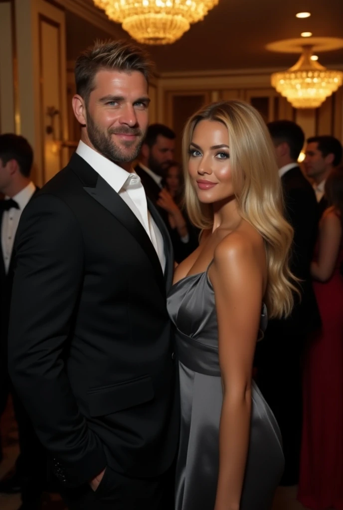 A full body night time photograph of a married couple attending a Hollywood gala. The woman is a fit, large breasted, slender, hourglass figure, Russian model with long ash blonde hair styled in old Hollywood glamour waves. Her husband is Josh Duhamel wearing a tuxedo, they are posing on the red carpet. She's wearing a black Vivienne Westwood fitted floor length gown featuring off the shoulder straps and Vivienne Westwood's signature corsetry in the bodice, her makeup is bold, ektar 100, 50mm, photorealistic, large format photo, hasselblad x1d,