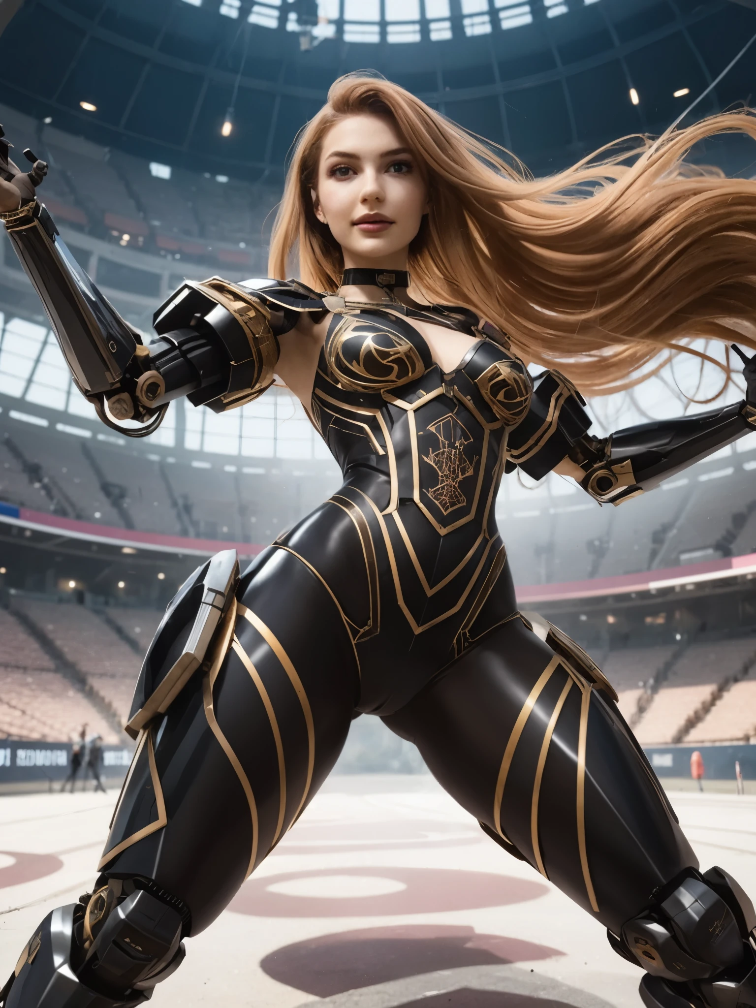 girl in cyber colosseum, BREAK, girl, glamorous cyber bodysuit, red hair, looking at viewer, choker, tangled cables, giant robot, intricate mecha unit, diffused lighting, goth theme, long hair, see-through lace,