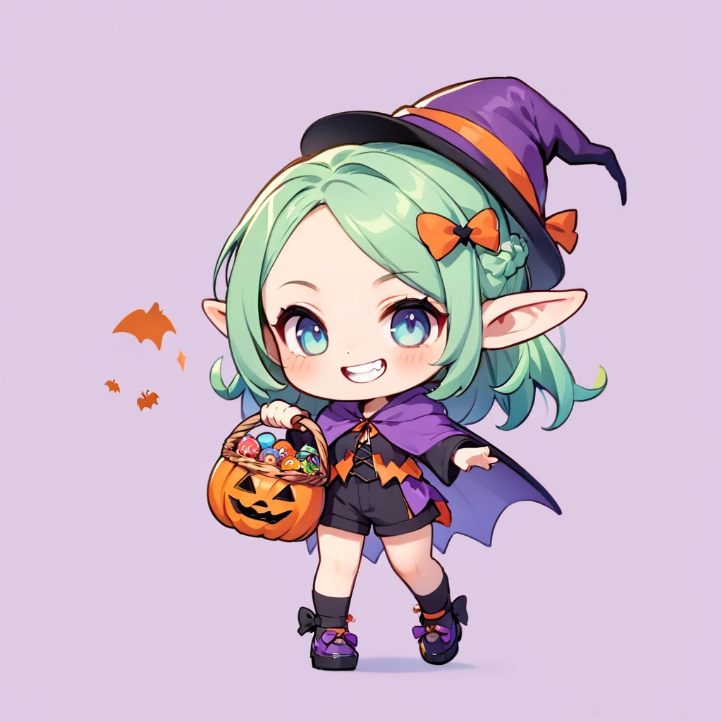 Avatar Style, ultra-small deformation, Chibi Cute, 1 feminine Elf, Feminine face, solo, full body, a Halloween costume, shorts, Holding a candy basket, A Halloween witch hat, Halloween hair accessory, smile with open mouth, grin, simple background