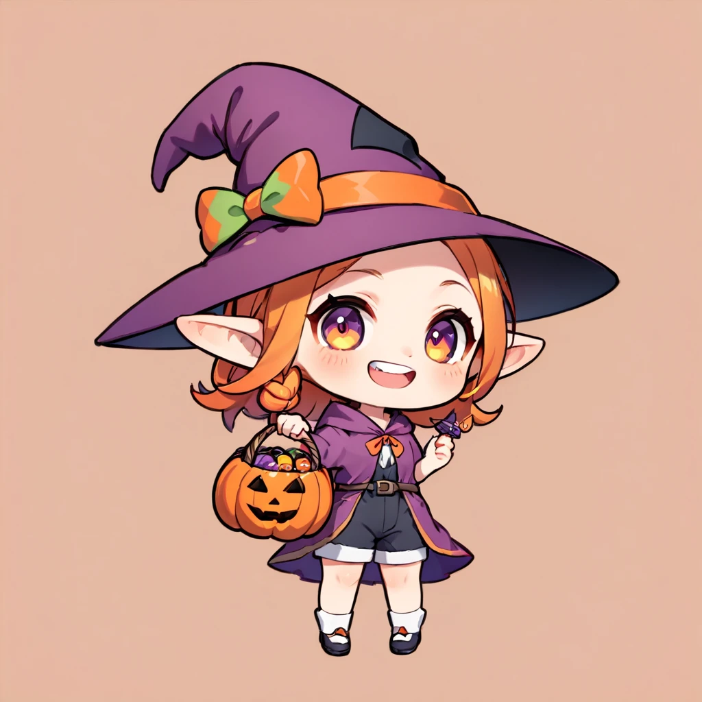 Avatar Style, ultra-small deformation, Chibi Cute, 1 feminine Elf, Feminine face, solo, full body, a Halloween costume, shorts, Holding a candy basket, A Halloween witch hat, Halloween hair accessory, smile with open mouth, grin, simple background