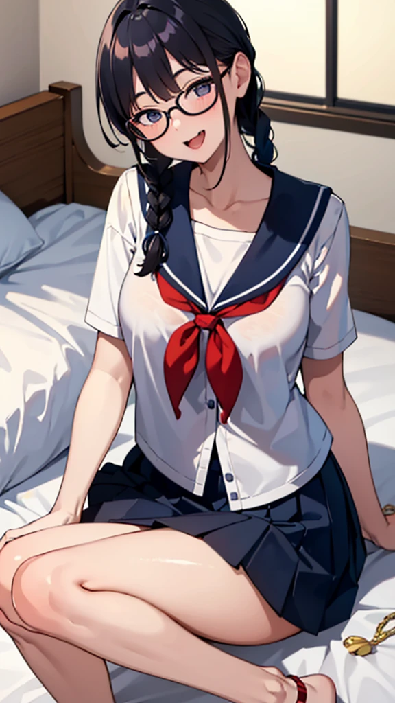 masterpiece, 8k, black hair braid glasses, fun cute, A girl who looks happy, Ahegao,  elementary school students,  sailor suit navy blue pleated skirt, fine, Completely naked, No underwear, , Young, Sitting on the bed with legs apart, Wide open anus ,Double Peace