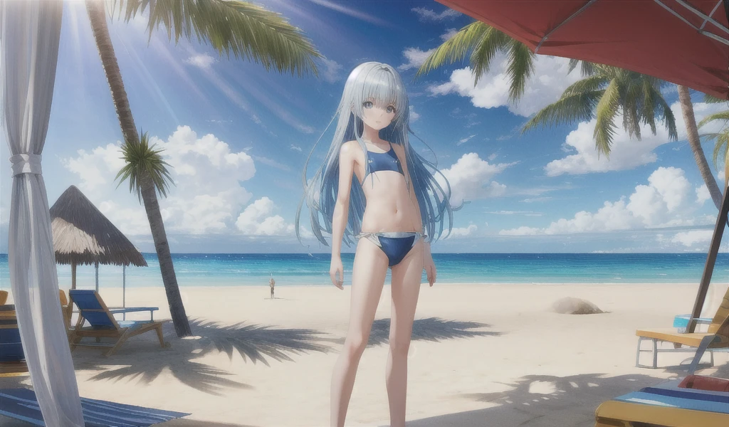 (((picture perfect))), (absurdres), 1boy, solo, hideri kanazaki, looking at viewer, smile, :3, bikini, flip flops, beach, clear sky, high quality, masterpiece, skinny, detailed body, detailed face, detailed eyes, glistering body, shiny body,