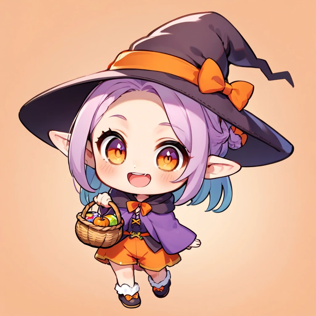 Avatar Style, ultra-small deformation, Chibi Cute, 1 feminine Elf, Feminine face, solo, full body, a Halloween costume, shorts, Holding a candy basket, A Halloween witch hat, Halloween hair accessory, smile with open mouth, simple background