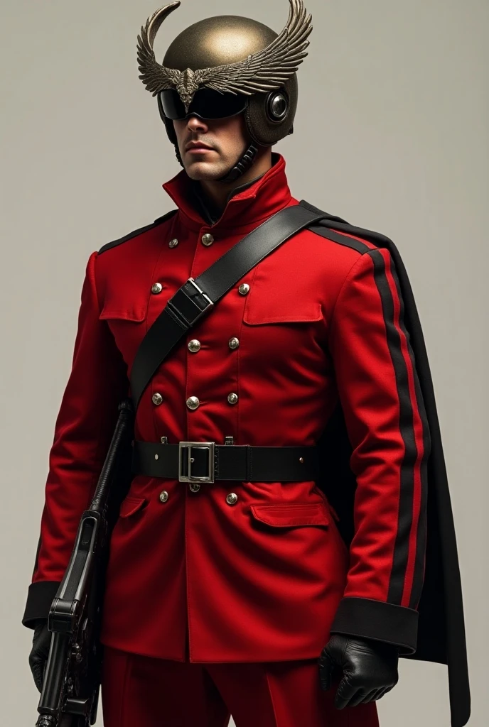 Crimson trench coat,Future imperial military style,World War I soldier costume,Equipment for future soldiers,Tactical belt,Light bulletproof vest,burly build,male people,Technologie,short detailed hair,Front-line commander,Wearing red leather armor