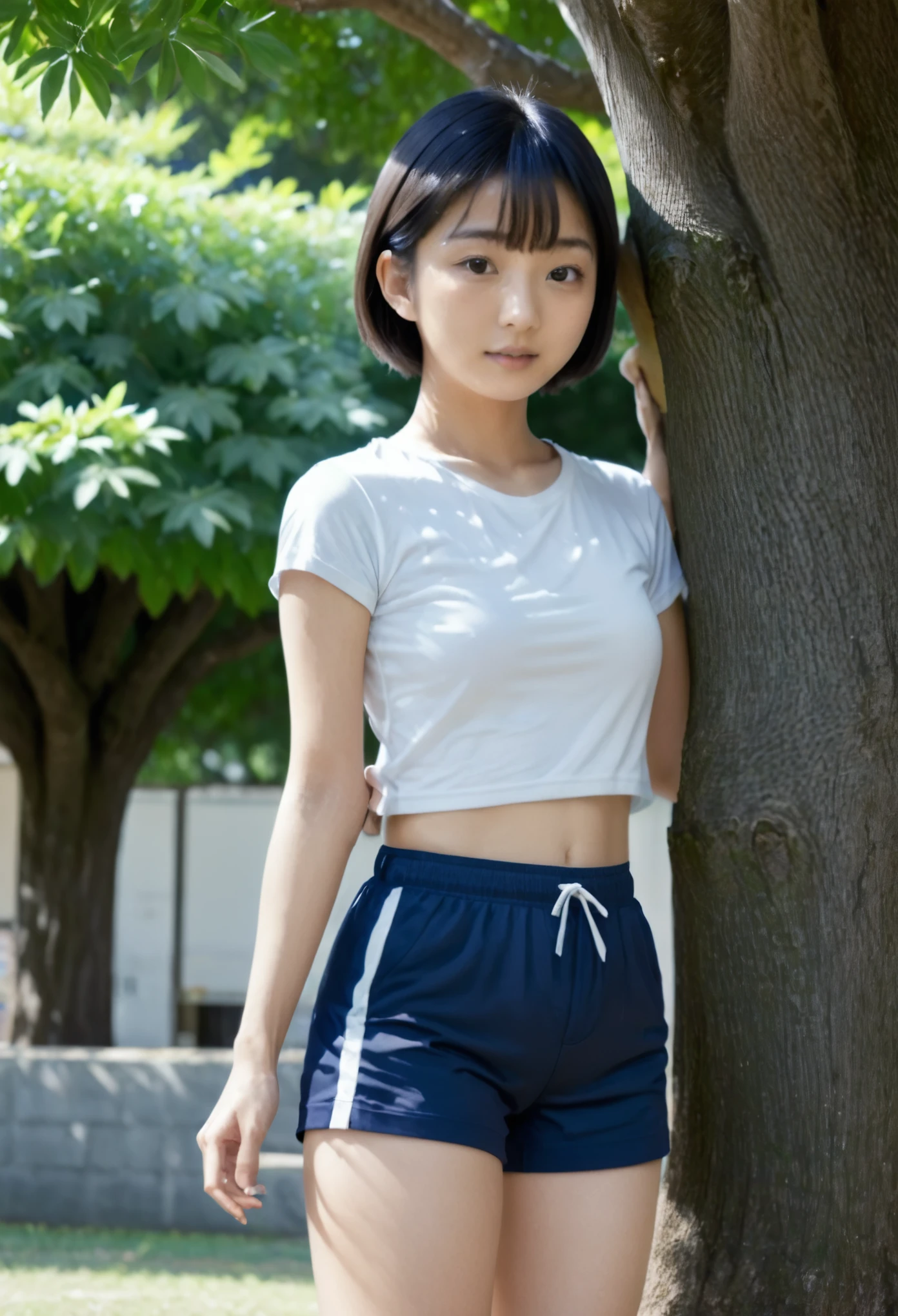 masterpiece, 8k、Best Quality , Japanese、(Very young)、Cute face ,Small breasts、Slender body、 white t-shirt,Tight-fitting navy blue gym shorts,A short-haired  high school student taking a break in the shade of a tree in the schoolyard