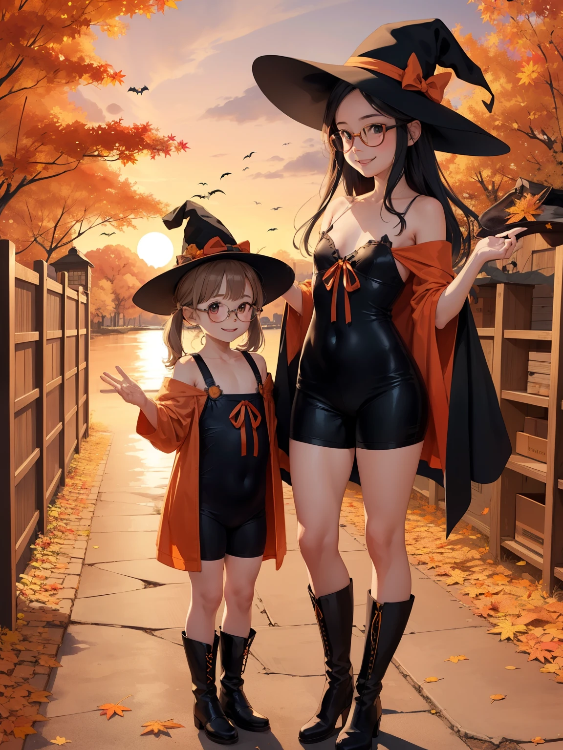 (Superflat,  flat shading,  flat color ), (close)，Fisheye Lens， Cute young mother and her little daughter，Glasses，Very short stature， flat chest，Thin thighs，Small round ass， Halloween Costumes，Halloween Hats，Long Hair，boots，smile, smile, fun，play，autumn，autumnの紅葉，autumnの夕暮れ時，Beautiful sunset，bright, Wide angle，Vibrant colors，Lighthouse，watercolor, Ghibli style、Chestnut and Squirrel，Girl&#39;s Temptation:1.2，