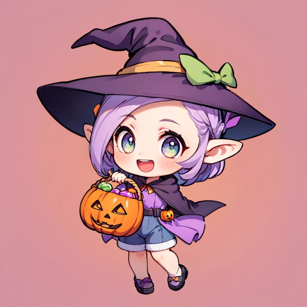 Avatar Style, ultra-small deformation, Chibi Cute, 1 feminine Elf, Feminine face, solo, full body, a Halloween costume, shorts, Holding a candy basket, A Halloween witch hat, Halloween hair accessory, smile with open mouth, simple background