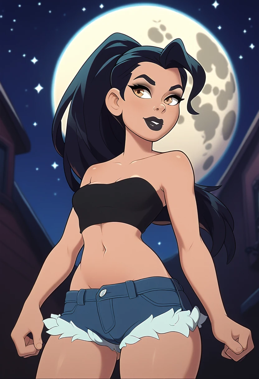  woman, long hair tied in a ponytail, light and dark black hair, small breasts, attractive, cute, dark makeup, black lips, (mini shorts, strapless mini top), bare navel, shapely body, thick thighs, big black eyes (serious expression), she is standing, the background is a starry night with the bright full moon in the sky.