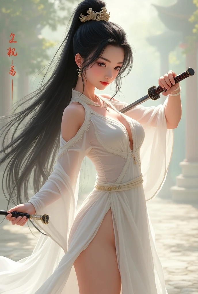 The Great Wall of Sword Qi, morning, remove white dress removind her hand,a Japanese girl with a long sword on her back and eyebrows like a mountain , show her pussy , show boobs nude  , show pussy