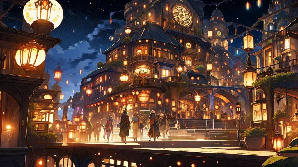 Traveler,  Fantasy World , City of Lanterns , night,  Lots of lanterns are lit,  medieval Europe, Stone Path,  Fantasy World with Buildings , A lively person々Traffic,  Elf Girl and Friends in the Middle of the Road ,  fantastic, beautiful, A delicate touch, 8k, beautiful