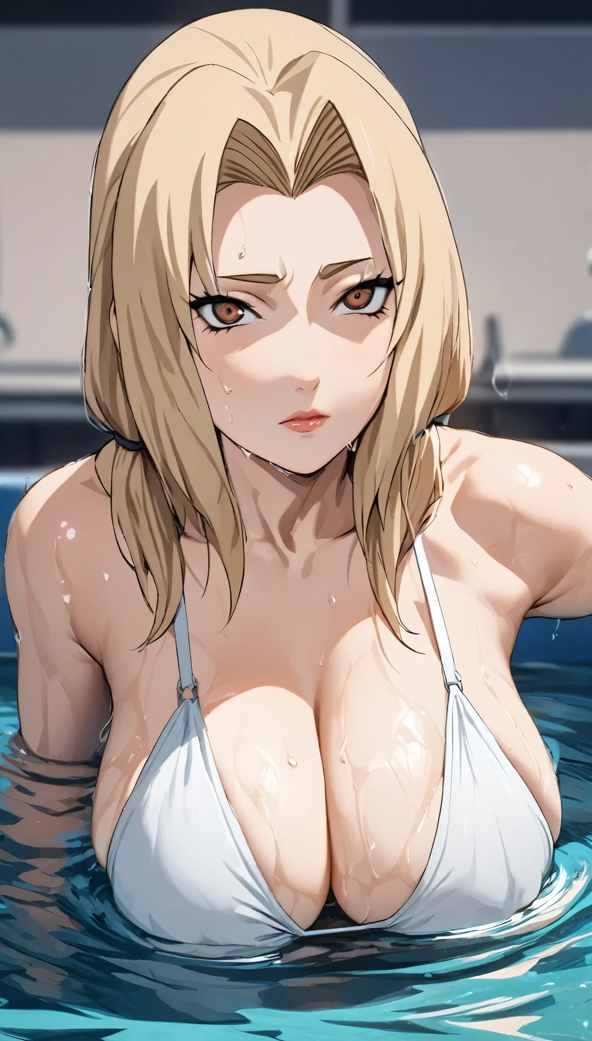 masterpiece, best quality, intricate details, 1girl, woman, mature female, blonde hair, tsunade \ (naruto\), brown eyes, long hair, low twintails, (open eyes), (medium close-up shot), portrait, focus on face, bust, (chest and face), defined eyebrows, perfect face, female focus, large breast, cleavage, female focus, looking at viewer, (side view) (medium close up shot) (solo) detailed, very high resolution, no blurry image, ((tsunade senju from naruto)) ((female tsunade senju from naruto)), white skin, curvy, masterpiece, best quality, highres, best illumination, depth of field, perspective with background, vivid colours, colours, swimming pool view, in a swimming pool, emerging from the water, wet skin, wearing bikini