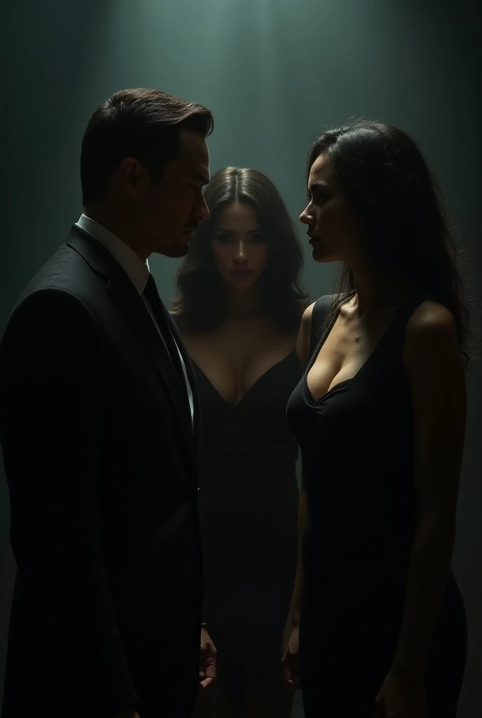 A handsome man wearing a black suit and a young woman wearing a Ruby pendant running with a shadowy man with no face controlling them with puppet string from above