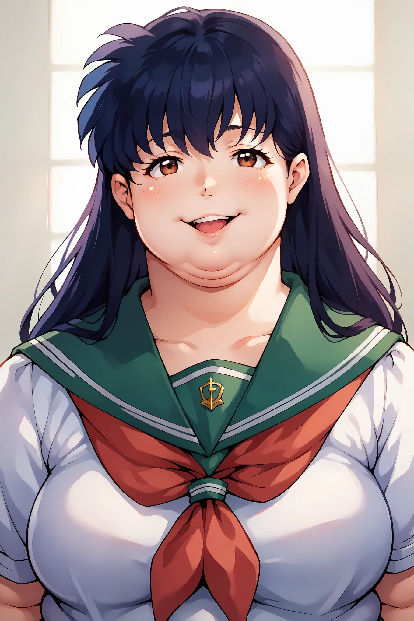 portrait, sharp focus, soft lighting,, , illustration, depth of field, (bloom:0.4), kagomexl, long hair, black hair, brown eyes, bangs, school uniform, serafuku, sailor collar, red neckerchief, smile, fat, chubby, obese