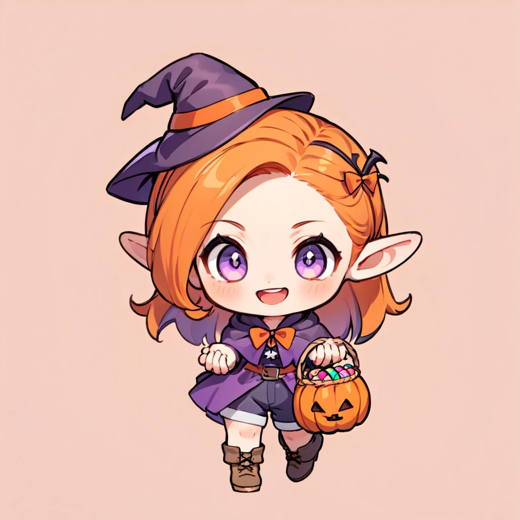 Avatar Style, ultra-small deformation, Chibi Cute, 1 feminine Elf, Feminine face, solo, full body, a Halloween costume, shorts, boots, Holding a candy basket with both hands, A Halloween witch hat, Halloween hair accessory, smile with open mouth, simple background