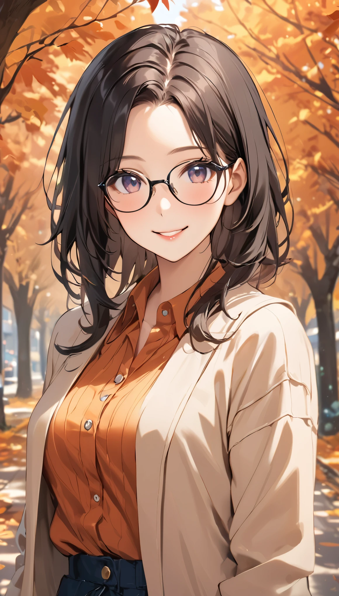 masterpiece, Wearing glasses, Black Hair, forehead,  beautiful adult woman, Autumn-like clothing, smile