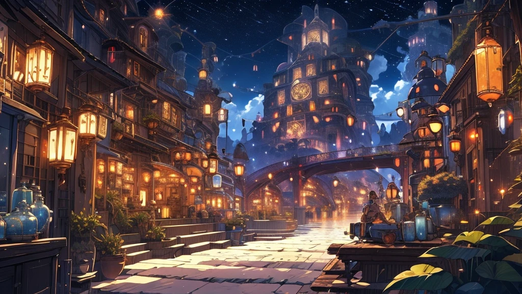 Traveler,  Fantasy World , City of Lanterns , night,  Lots of lanterns are lit,  medieval Europe, Stone Path,  Fantasy World with Buildings , A lively person々Traffic,  Elf Girl and Friends in the Middle of the Road ,  fantastic, beautiful, A delicate touch, 8k, beautiful