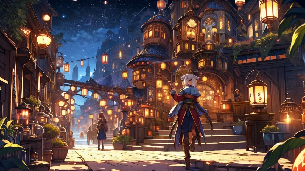 Traveler,  Fantasy World , City of Lanterns , night,  Lots of lanterns are lit,  medieval Europe, Stone Path,  Fantasy World with Buildings , A lively person々Traffic,  Elf Girl and Friends in the Middle of the Road ,  fantastic, beautiful, A delicate touch, 8k, beautiful