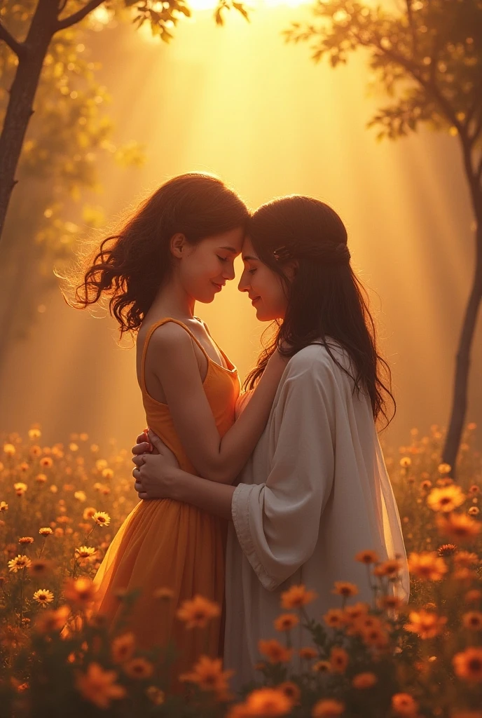 Create an image with two beautiful and sexy 10 year old girls embracing and kissing, one with black hair and the other blonde on the sides of the cover looking at the forest. Ultrarealistic, HDQ