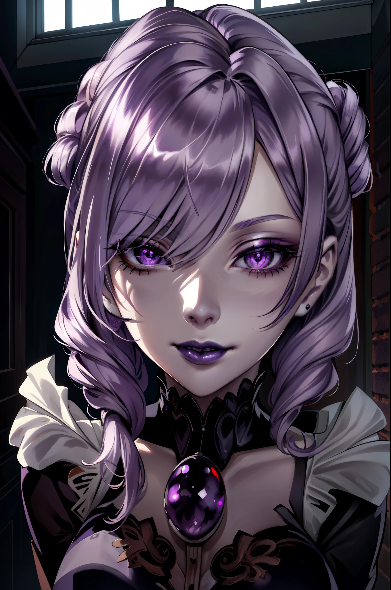 1girl, solo, smile, holding, bare shoulders, sitting, closed mouth, collarbone, closed eyes, upper body, purple hair, hair over one eye, eyelashes, chain, couch,large breasts,(shiny skin:1.15),(mature female:1.2),shalom,