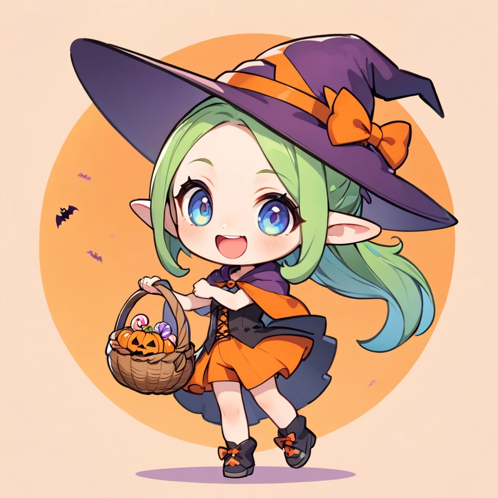 Avatar Style, ultra-small deformation, Chibi Cute, 1 feminine Elf, Feminine face, solo, full body, He is wearing a Halloween costume, shorts, Holding a candy basket, A Halloween witch hat, Jack-o'-Lantern hair accessory, smile with open mouth, simple background