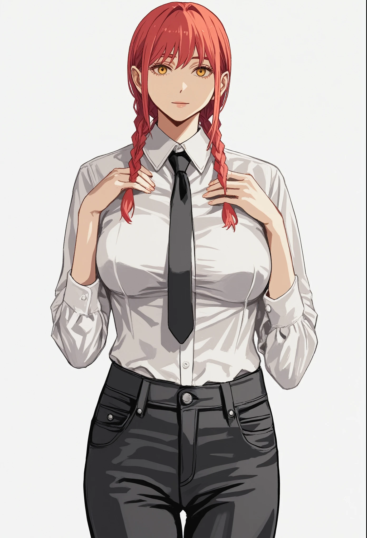 score_9, score_8_up, score_7_up, score_6_up, score_5_up, score_4_up, source_cartoon, rating_safe, by sh1r3n, masterpiece,high quality, 8K, Female, Anime, portrait, red hair in braids, yellow eyes, Fair skin, black pants, white shirt, black tie, big breasts, front facing, detailed,