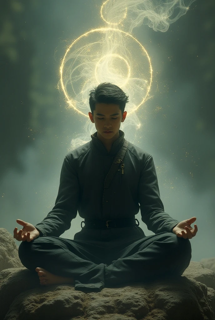 a man meditating, chakra balancing, astral projection, frequency, binaural beats, spiritual balance,Chinese robe