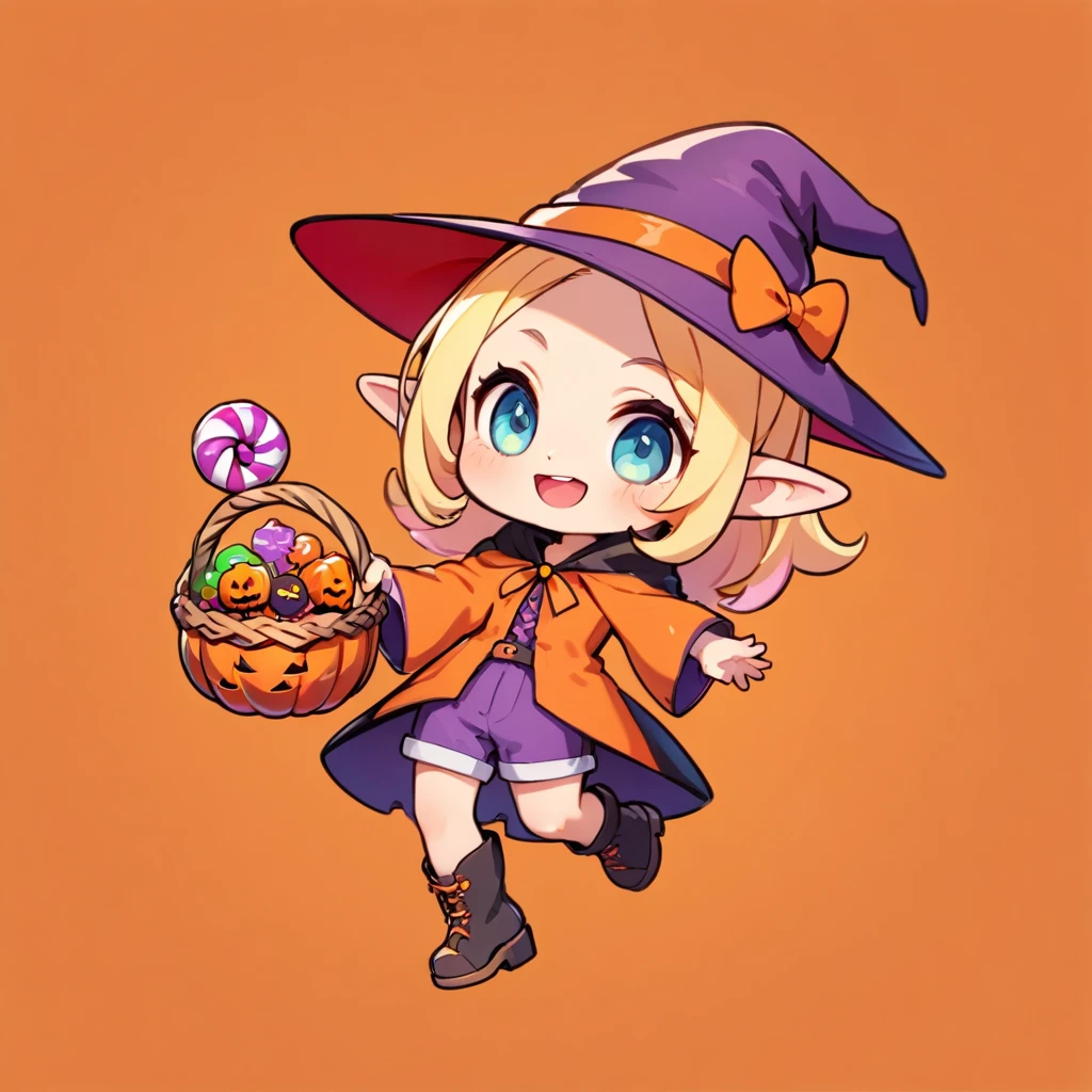 Avatar Style, ultra-small deformation, Chibi Cute, 1 feminine Elf, Feminine face, solo, full body, He is wearing a Halloween costume, shorts, boots, Holding a candy basket, A Halloween witch hat, smile with open mouth, simple background